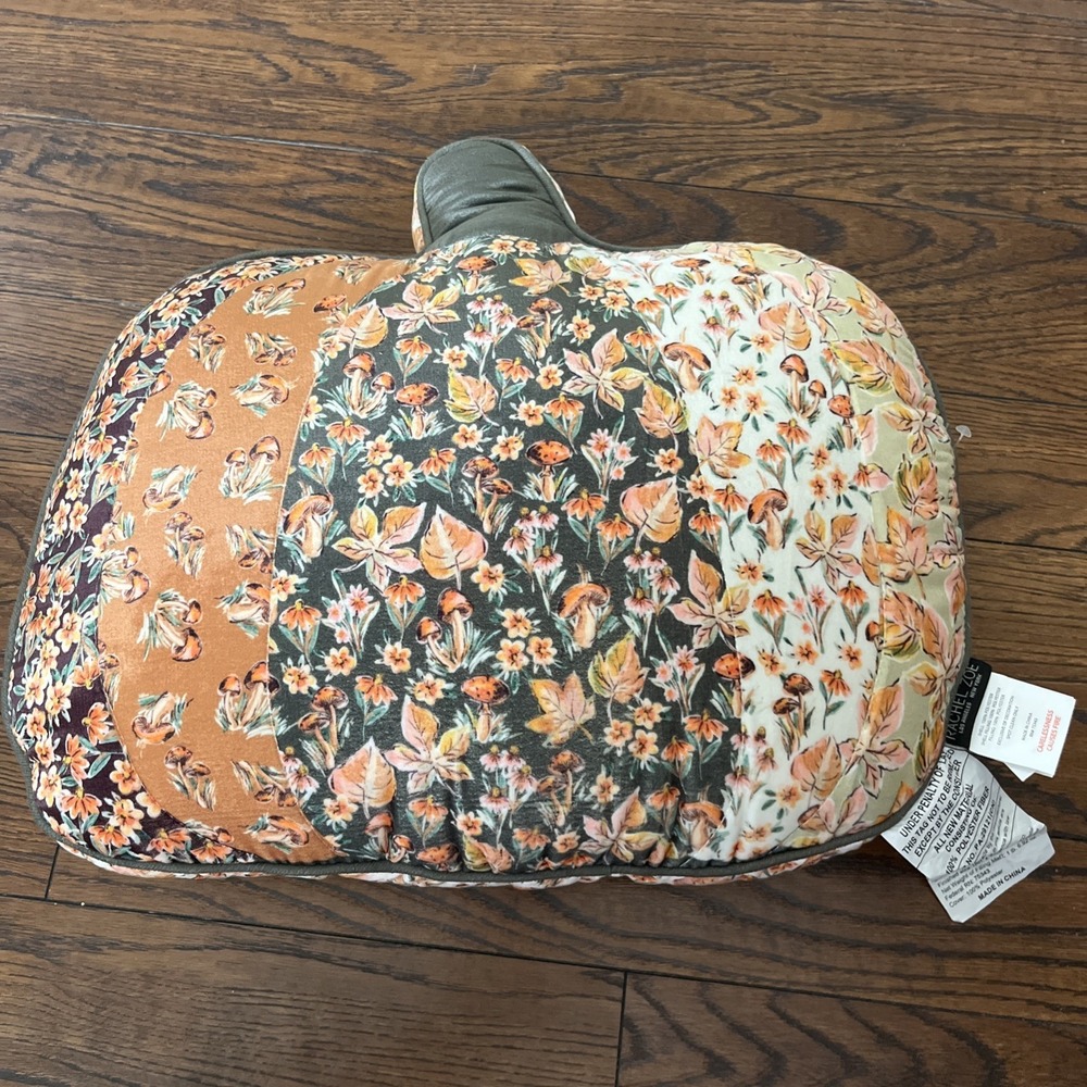 Rachel Zoe Pumpkin Shaped Pillow Floral Mushrooms 19" X 17" Green Orange White